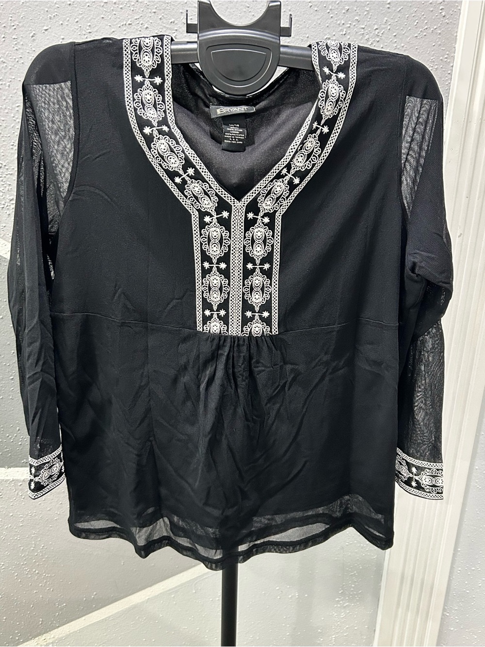 Lane Bryant Black V-Neck Tunic with White Embroidered Trim